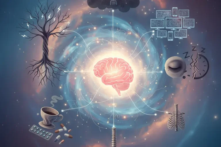 chronic-headaches-causes: illustration of a brain surrounded by triggers like stress, lack of sleep, caffeine, medications, spinal issues, and screen overuse representing causes of chronic headaches