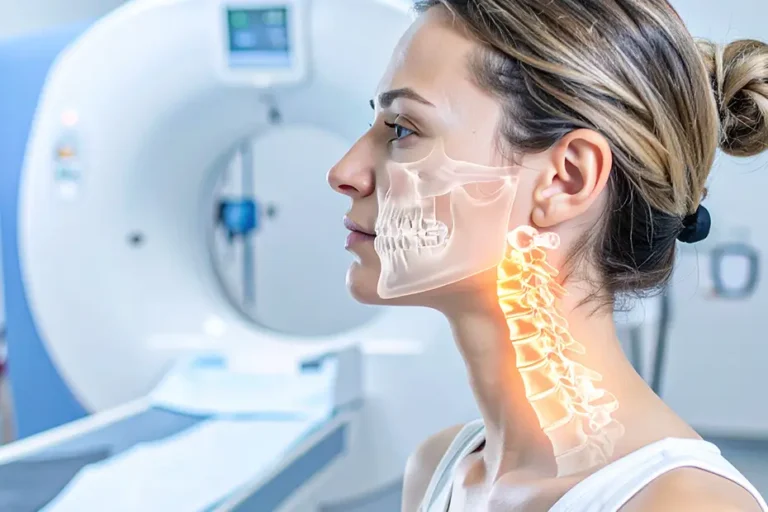 Digital motion X-ray of a female patient’s cervical spine in a clinic, highlighting hidden damage and chronic whiplash symptoms missed by standard imaging.