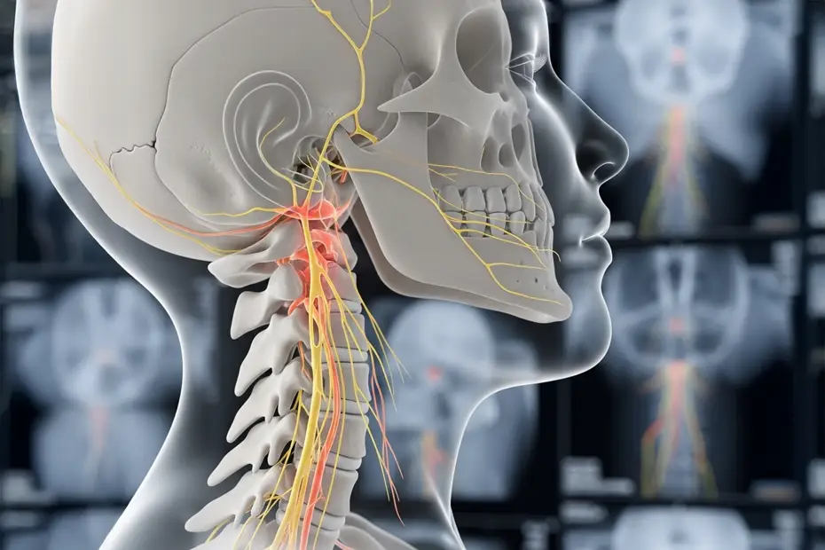 3D anatomical illustration of the cervical spine and nerves, highlighting hidden injuries that cause chronic whiplash symptoms often missed by standard imaging.