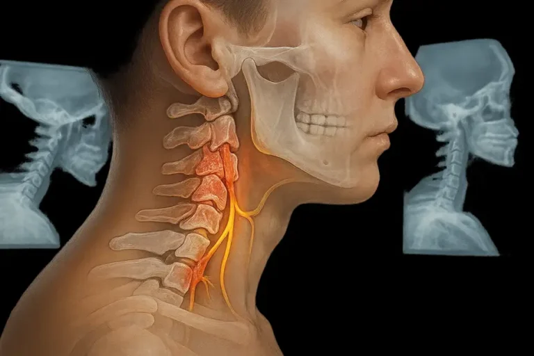 Medical illustration of the human neck showing cervical ligament damage with nerve compression, used as an example of digital motion X-ray for identifying hidden injuries.