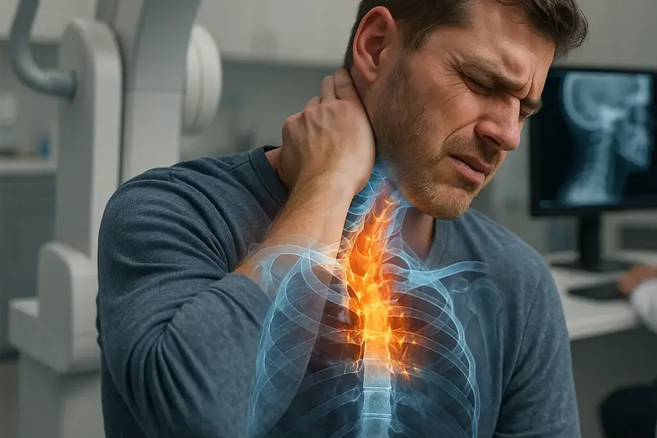 Digital motion X-ray identifying ligament damage in a car accident victim, showing a patient with neck pain while a doctor reviews cervical spine imaging.