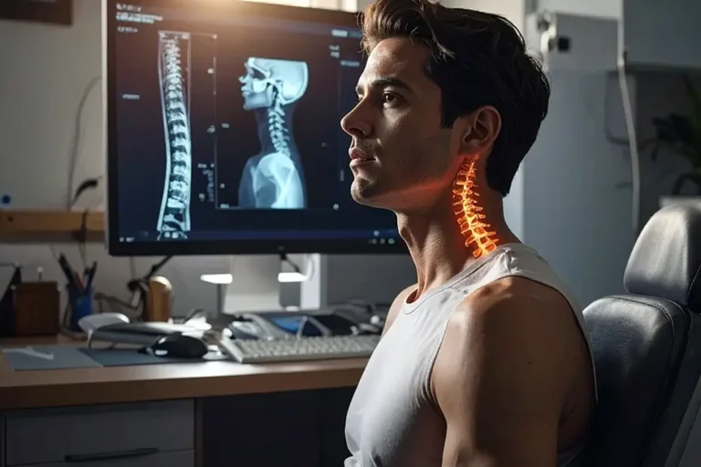 Digital motion X-ray used to diagnose chronic neck stiffness, showing a patient with highlighted cervical spine and reduced range of motion in a clinic.
