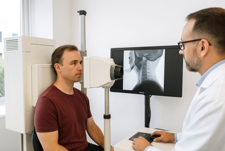 Patient undergoing Digital Motion X-Ray exam in Miami for concussion recovery and ligament laxity detection