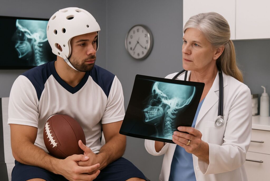 Doctor analyzing Digital Motion X-Ray results to detect hidden upper cervical ligament damage after concussion