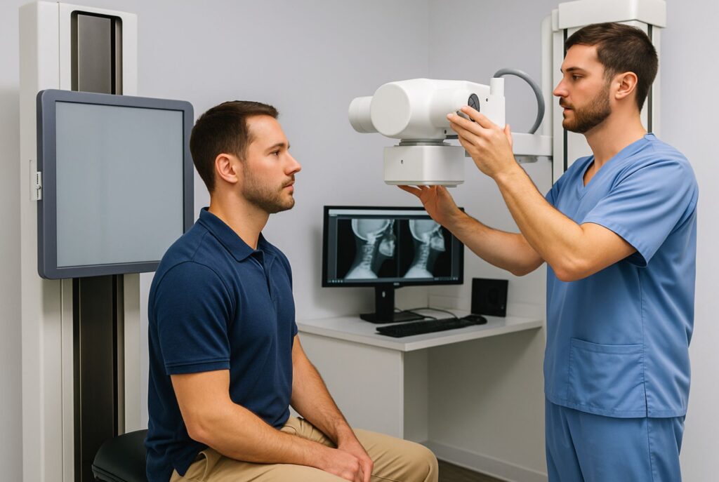 Patient undergoing DMX scan to evaluate jaw dysfunction and neck instability in Miami clinic