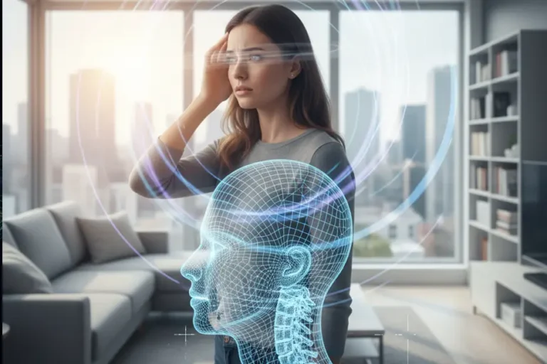 dizziness-when-turning-the-head: woman holding her head with discomfort while a digital illustration of the cervical spine and head highlights balance issues