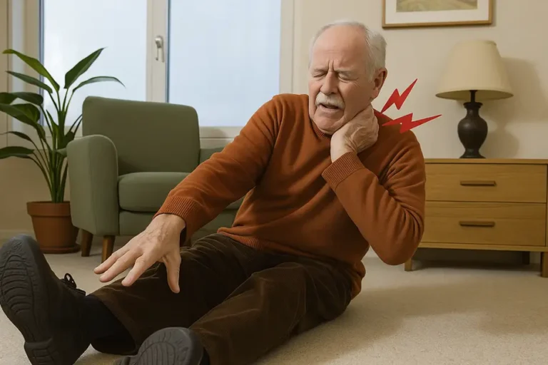 "falls-in-older-adults: older man on the floor holding his neck in pain after a fall, illustrating fall risk and injury in seniors at home