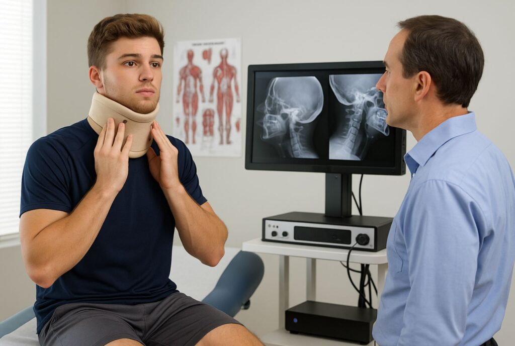 Patient undergoing DMX scan to evaluate cervical instability and ligament damage from sports injuries