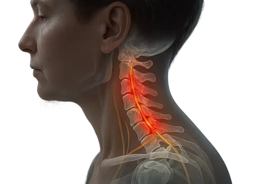 Medical illustration of a man’s cervical spine highlighting weakened ligaments, showing how digital motion X-ray identifies ligament laxity and hidden neck instability.