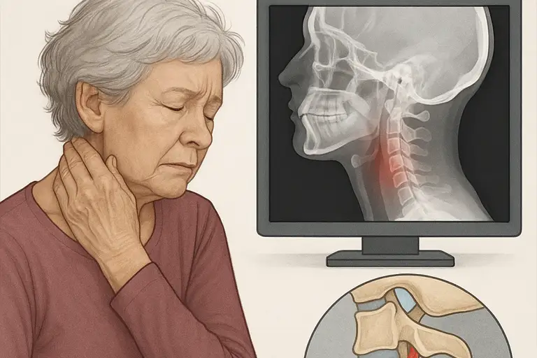 identifying-cervical-ligament-damage en un paciente mayor después de una caída, mostrando un examen con digital motion X-ray que resalta la zona afectada en la columna cervical