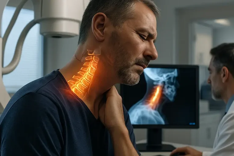 Motion X-ray in diagnosing post-surgical neck pain and instability, showing a patient with highlighted cervical spine while a doctor reviews advanced imaging results.