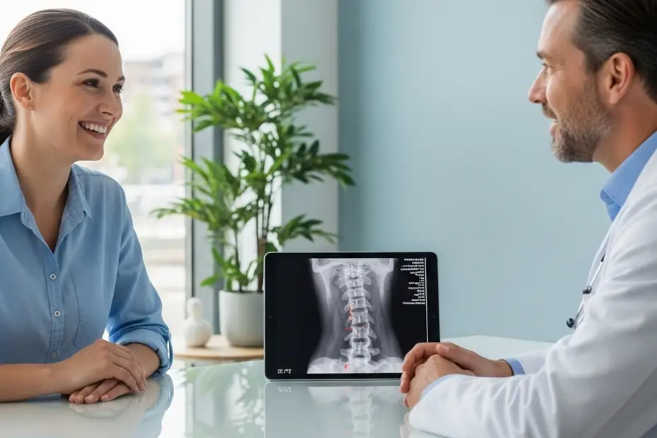Doctor reviewing motion X-ray in diagnosing post-surgical neck pain with a smiling patient, showing accurate cervical spine results on a tablet.