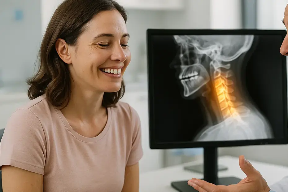 Female patient smiling with relief as a doctor reviews a digital motion X-ray of the cervical spine, highlighting hidden causes of neurological symptoms.